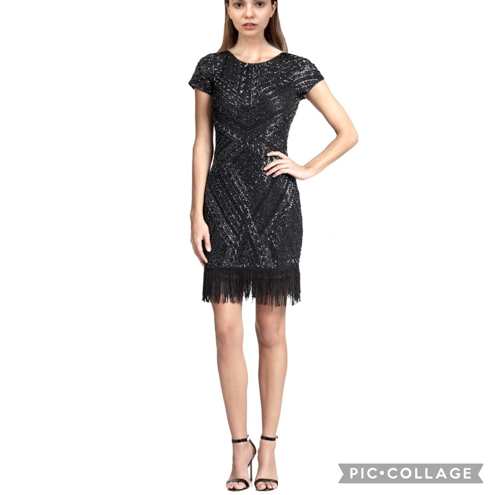 Aidan Mattox beaded short sleeves with fringes dress
